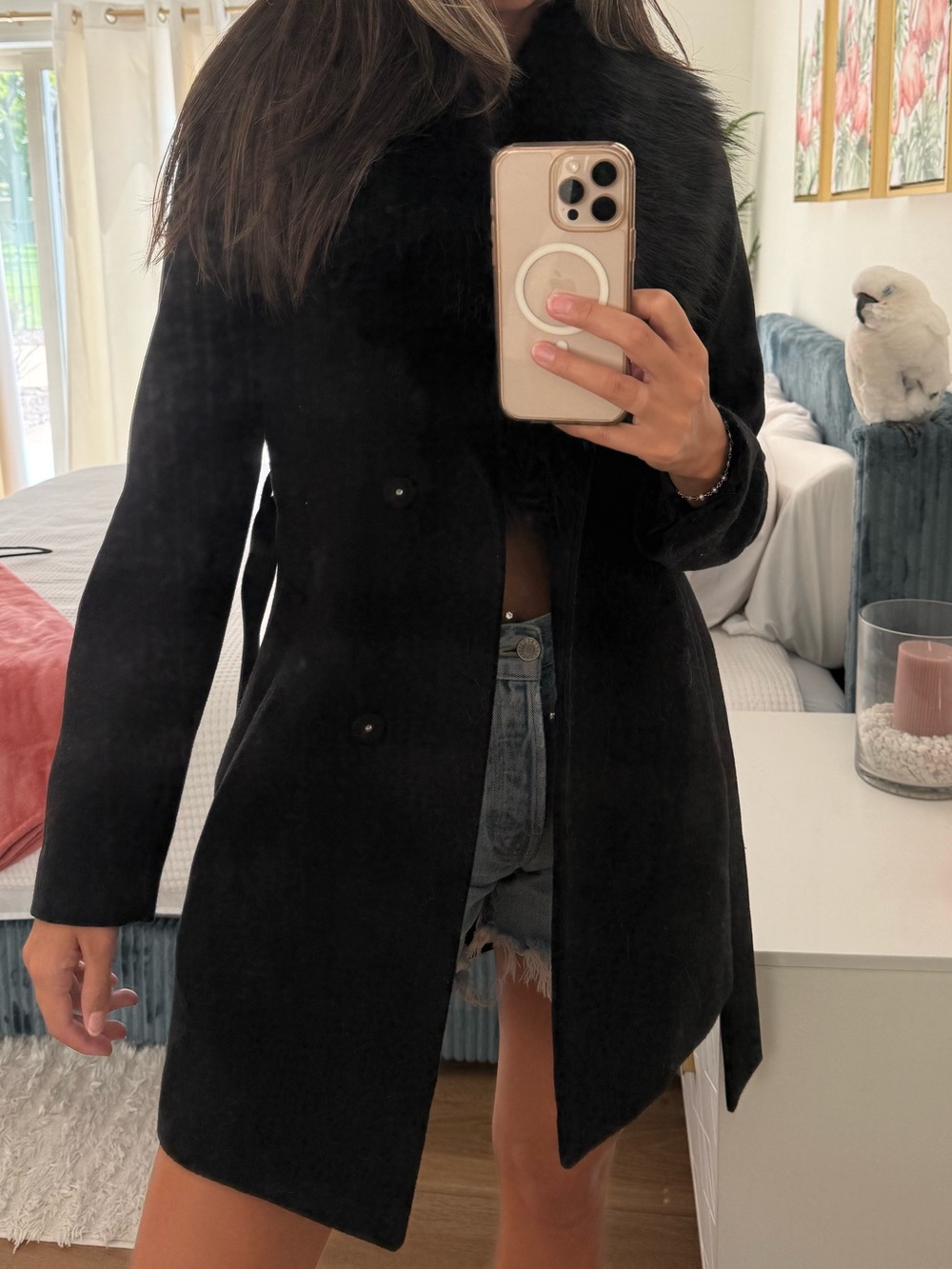 H&M Black Trench Coat with Faux-Fur Collar and Self-Tie Belt